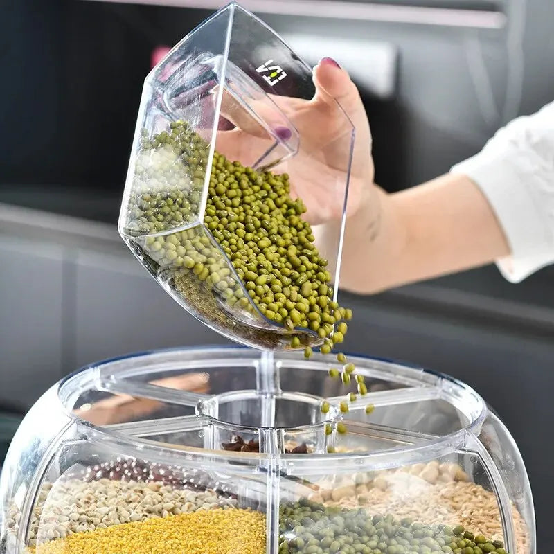 360° Rotating Grain Dispenser Grain Storage Box Transparent Sealed Jar Circular Kitchen Rice Bucket Insectproof Rice Tank