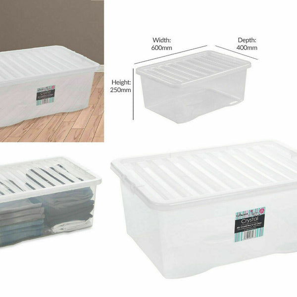 45 Litres Clear Crystal Plastic Large Storage Box with Lid Home Office UK Made