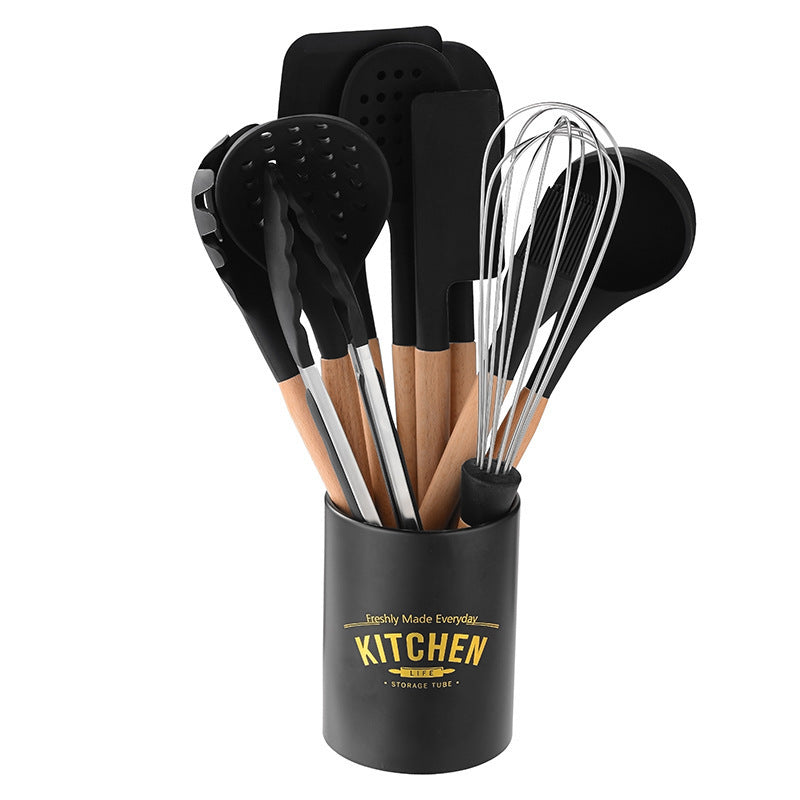 Milk Black 10-Piece Set Of Wooden Handle Spoon Spatula Silicone Kitchenware Set Egg Beater Non-stick