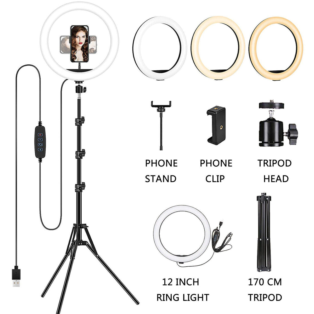 14'' LED Selfie Ring Light with 1.7M Tripod Stand Cell Phone Holder Makeup Live