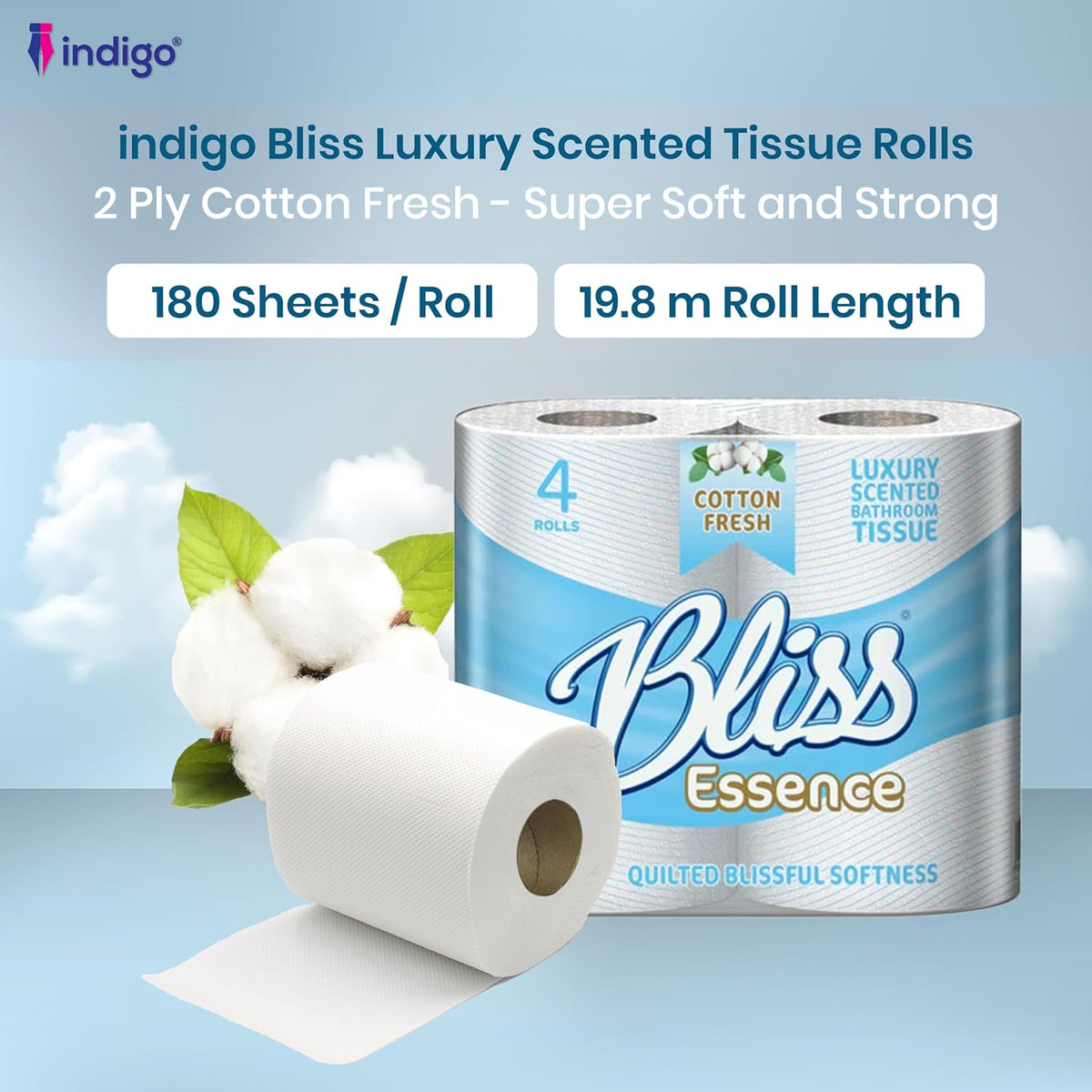 Bliss Luxury Scented Bathroom 40 Toilet Rolls 2 Ply Cotton Fresh -Super Soft and Strong Toilet Paper - Ultimate Quilted Comfort for a Luxurious Bathroom Experience - 4 X10 Rolls Pack = 40 Rolls