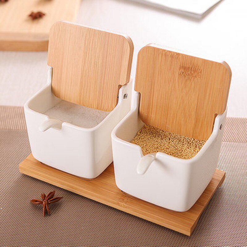 Creative Bamboo And Wood Clamshell Ceramic Seasoning Jar