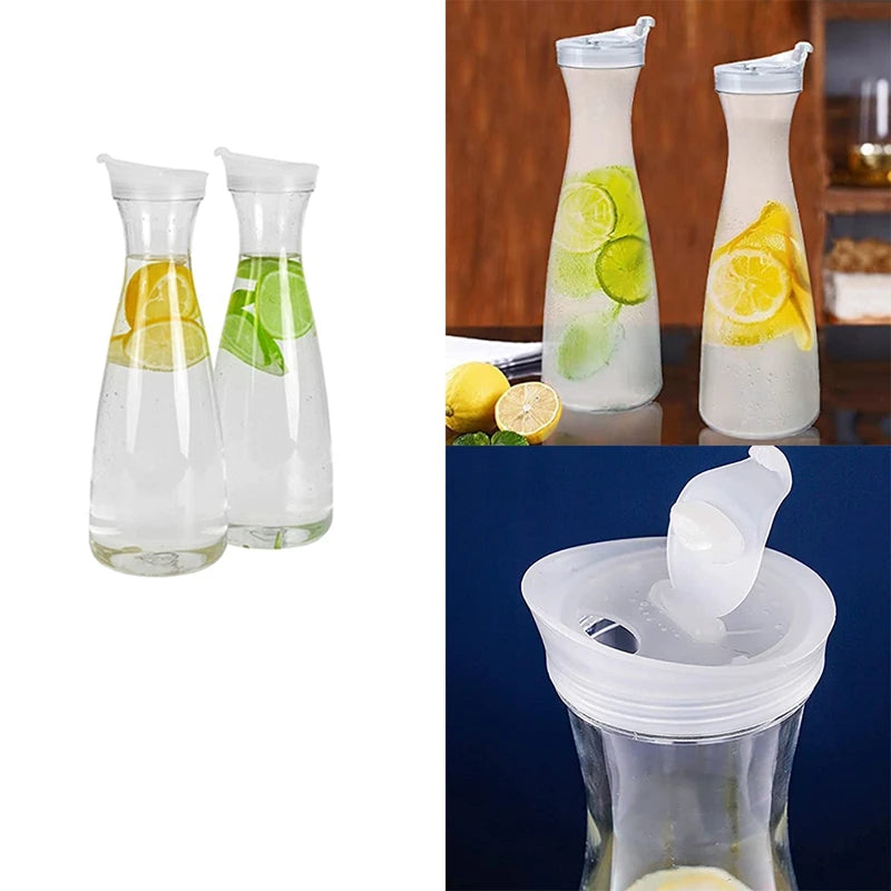 2Pcs Plastic Water Carafes with White Flip Tab Lids- Food Grade & Recyclable Shatterproof Pitchers - Juice Jar