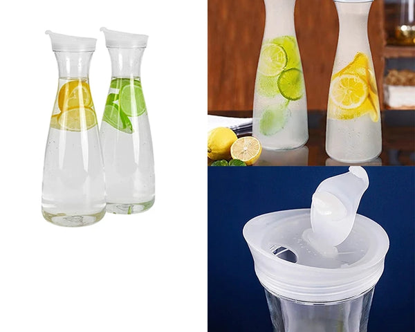 2Pcs Plastic Water Carafes with White Flip Tab Lids- Food Grade & Recyclable Shatterproof Pitchers - Juice Jar