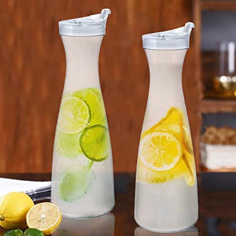 2Pcs Plastic Water Carafes with White Flip Tab Lids- Food Grade & Recyclable Shatterproof Pitchers - Juice Jar