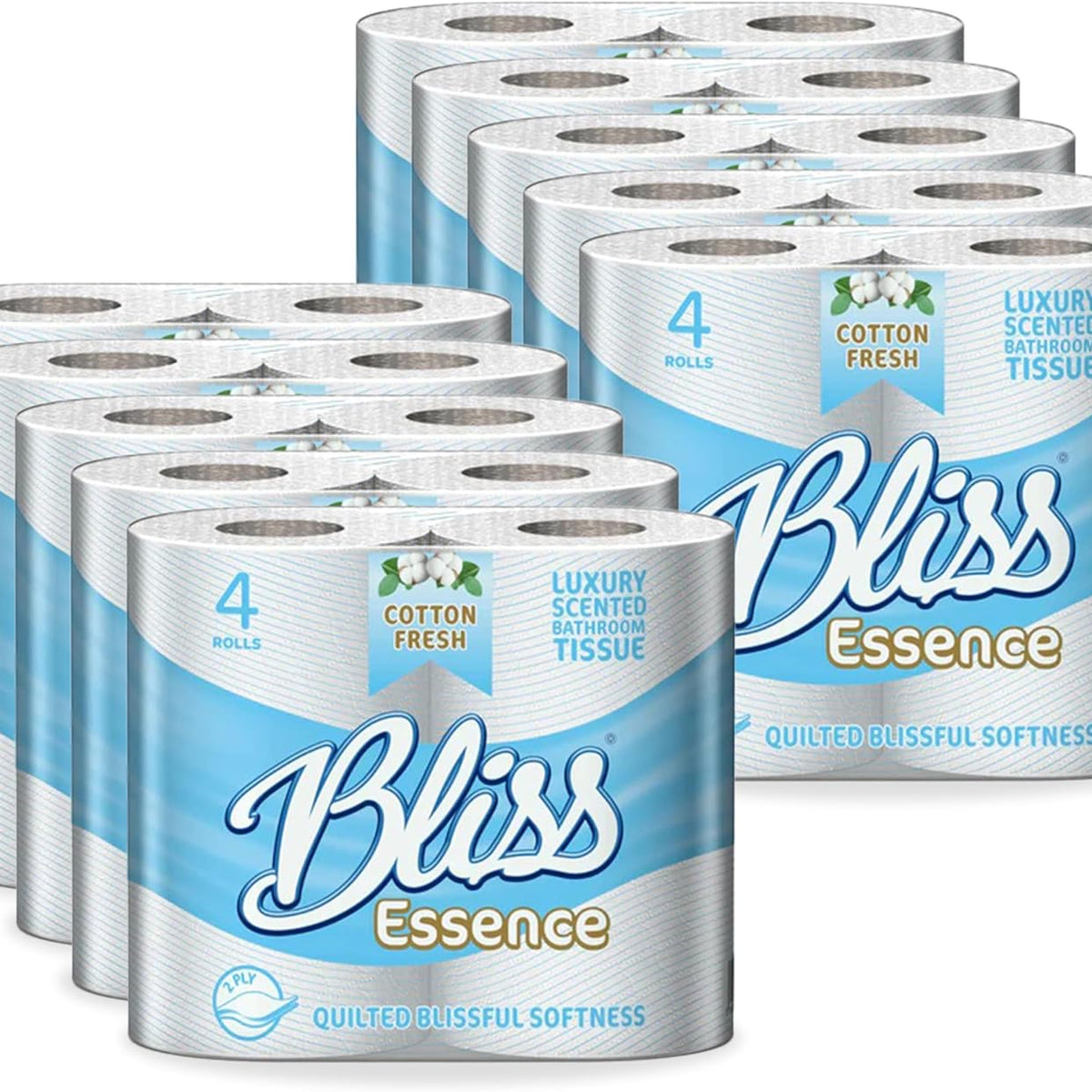 Bliss Luxury Scented Bathroom 40 Toilet Rolls 2 Ply Cotton Fresh -Super Soft and Strong Toilet Paper - Ultimate Quilted Comfort for a Luxurious Bathroom Experience - 4 X10 Rolls Pack = 40 Rolls