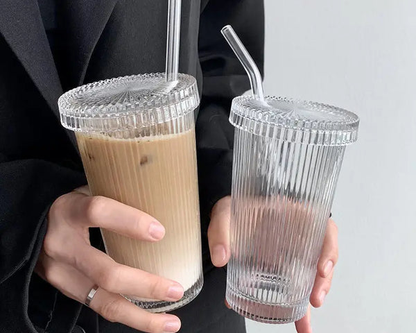 375ML Stripe Glass Cup with Lid and Straw Transparent Tea Cup Glasses Beer Can Milk Juice Cups Coffee Mug Drinkware Dessert Cup