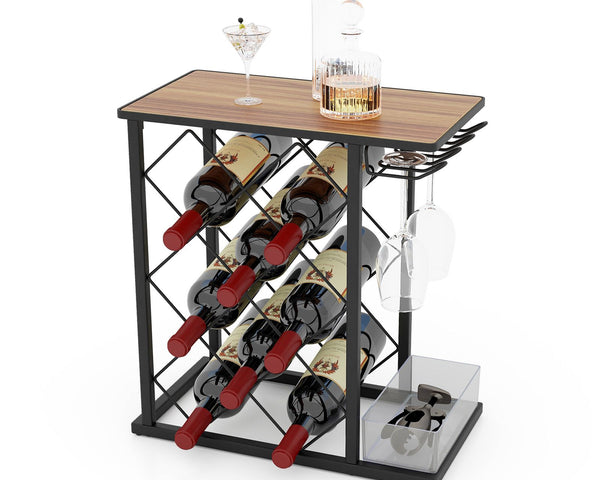 Countertop Wine Rack with Metal Frame and Storage Box for 8 Wine Bottles