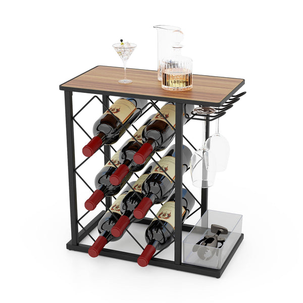 Countertop Wine Rack with Metal Frame and Storage Box for 8 Wine Bottles