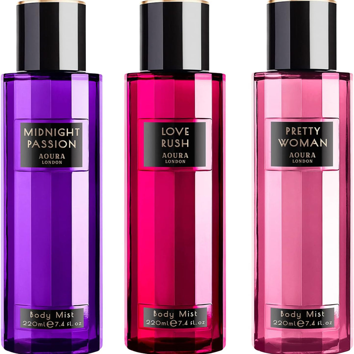 London Womens Love Rush, Pretty Woman, Midnight Passion Body Mist Mixed Fragrance Spray 220Ml Bundle (Pack of 3)