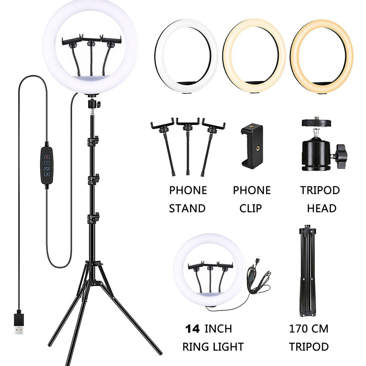 14'' LED Selfie Ring Light with 1.7M Tripod Stand Cell Phone Holder Makeup Live