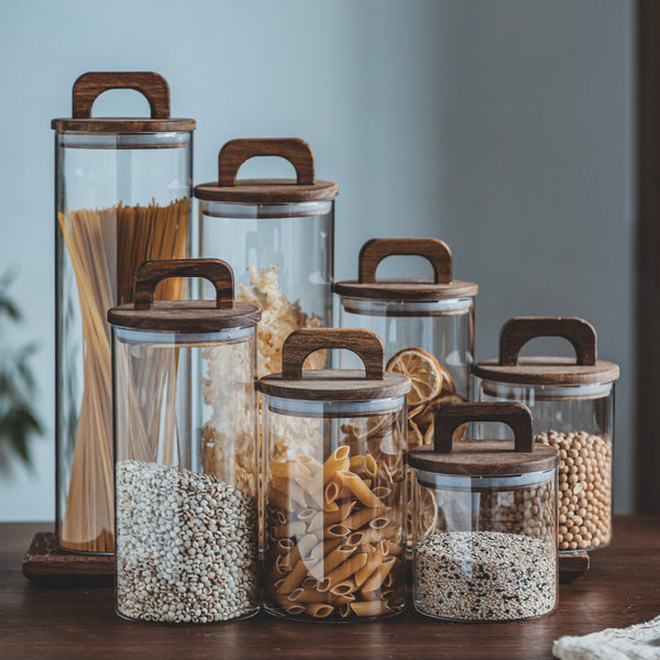 Japanese-style Kitchen Coarse Cereals Glass Sealed Storage Tank Large Capacity More Sizes Solid Wood Cover