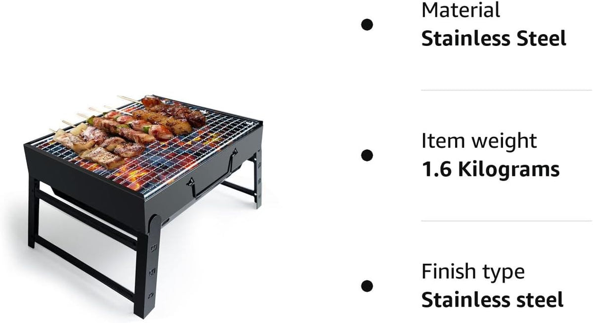 BBQ Barbecue Grill, Portable Folding Charcoal Barbecue Desk Tabletop Outdoor Stainless Steel Smoker BBQ for Picnic Garden Terrace Camping Travel 15.35''X11.41''X2.95'' (Black)