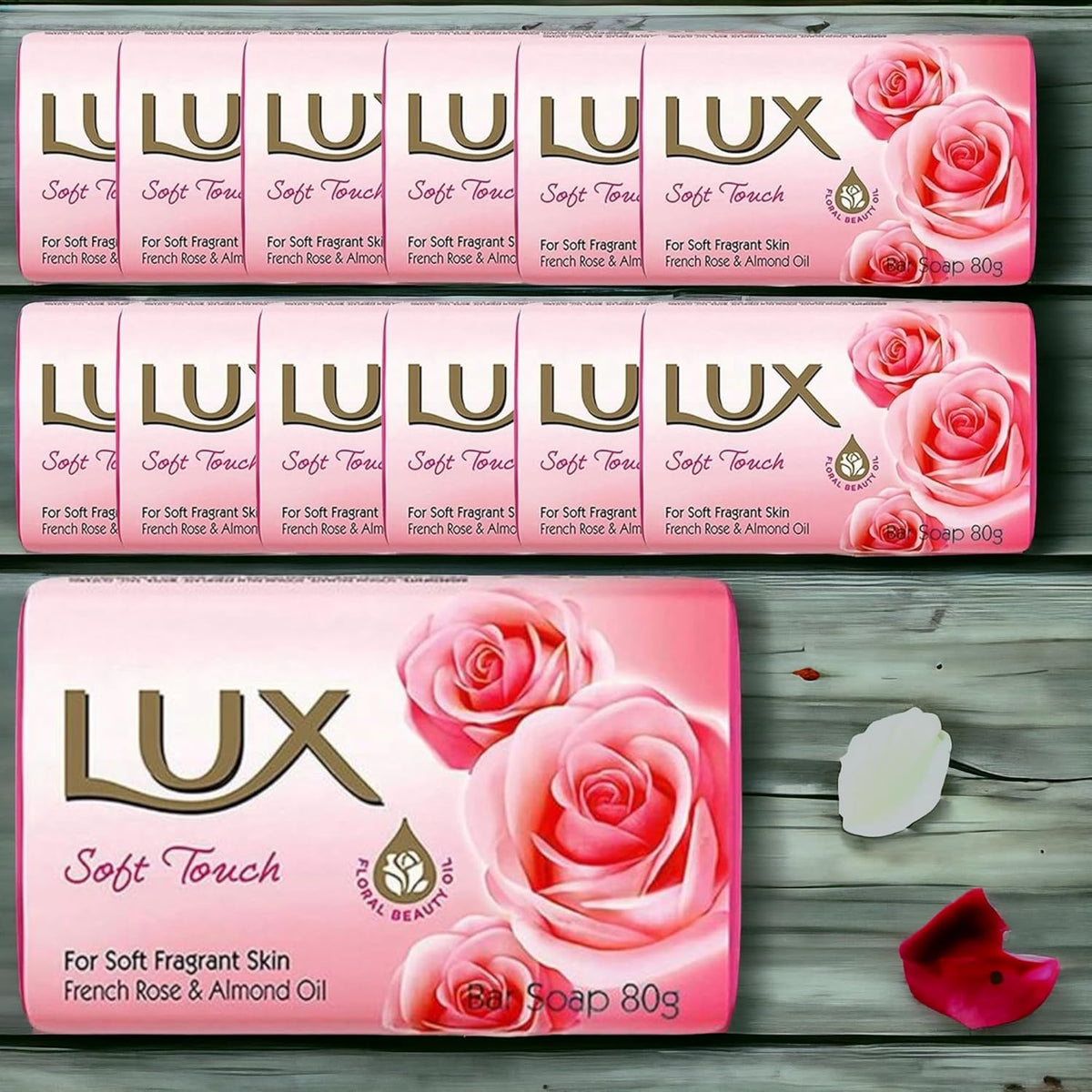 12 X 80G Lux Soft Touch for Soft Fragrant Soap Bars with French Rose & Almond Oil(Total 960G)