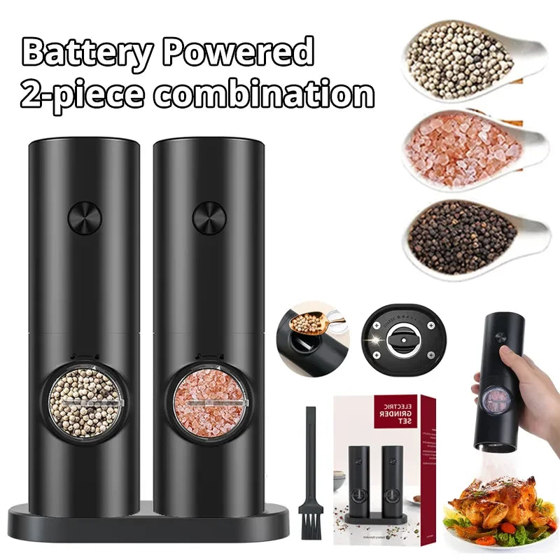 2Pcs Electric Salt and Pepper Grinder with Adjustable Coarseness Refillable Mill Battery Powered Kitchen Automatic Gadget