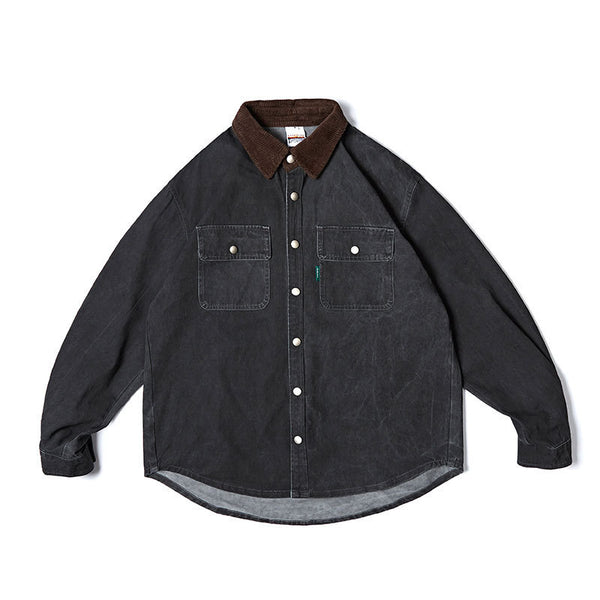 Washed Old Contrast Color Lapel Long Sleeve Shirt Men