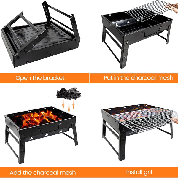 BBQ Barbecue Grill, Portable Folding Charcoal Barbecue Desk Tabletop Outdoor Stainless Steel Smoker BBQ for Picnic Garden Terrace Camping Travel 15.35''X11.41''X2.95'' (Black)