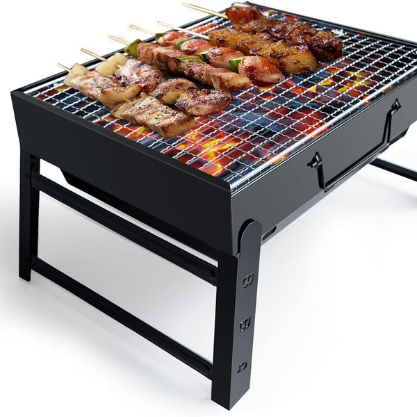 BBQ Barbecue Grill, Portable Folding Charcoal Barbecue Desk Tabletop Outdoor Stainless Steel Smoker BBQ for Picnic Garden Terrace Camping Travel 15.35''X11.41''X2.95'' (Black)