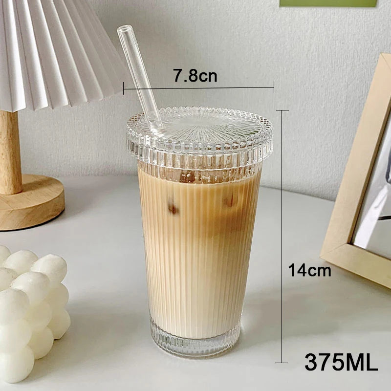 375ML Stripe Glass Cup with Lid and Straw Transparent Tea Cup Glasses Beer Can Milk Juice Cups Coffee Mug Drinkware Dessert Cup