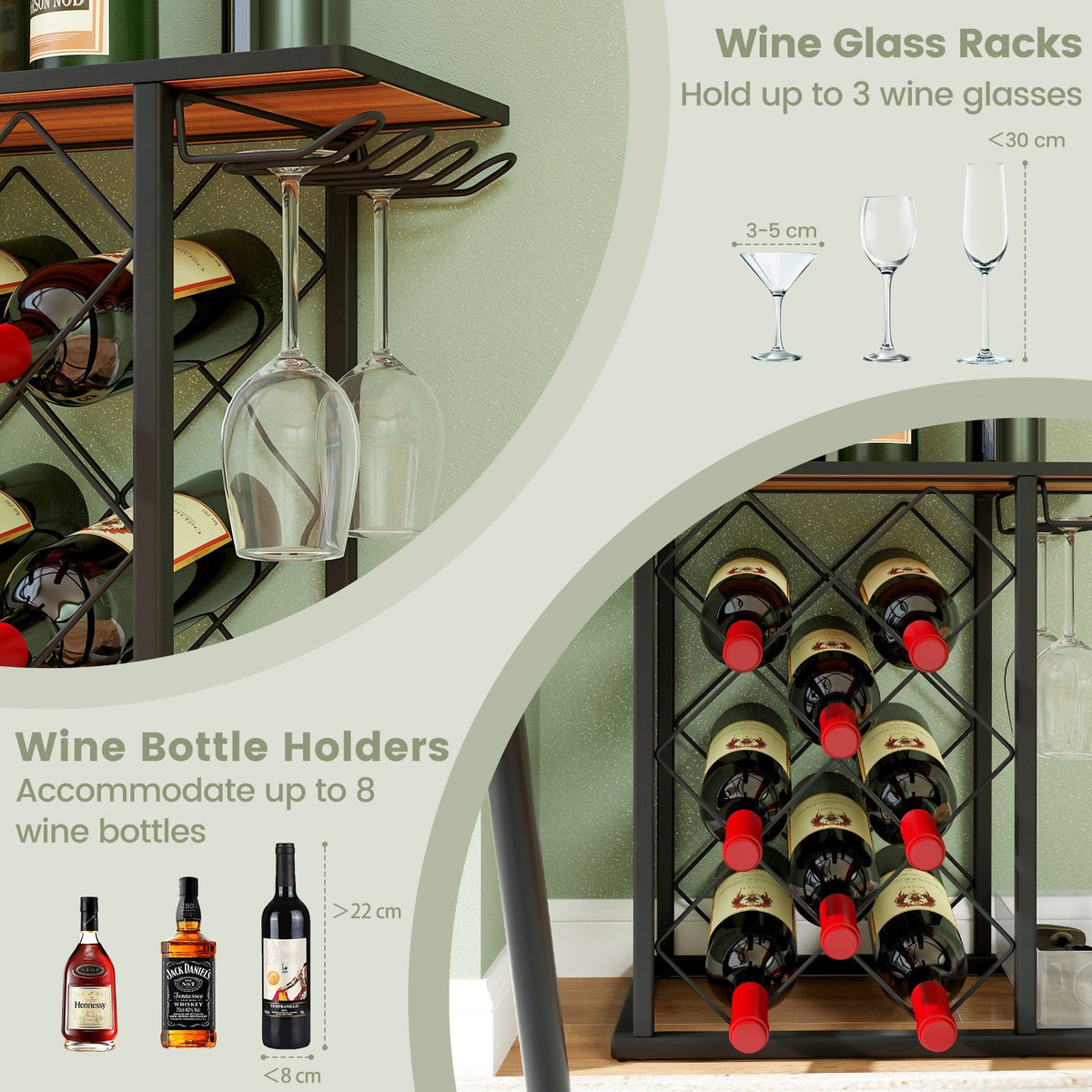 Countertop Wine Rack with Metal Frame and Storage Box for 8 Wine Bottles