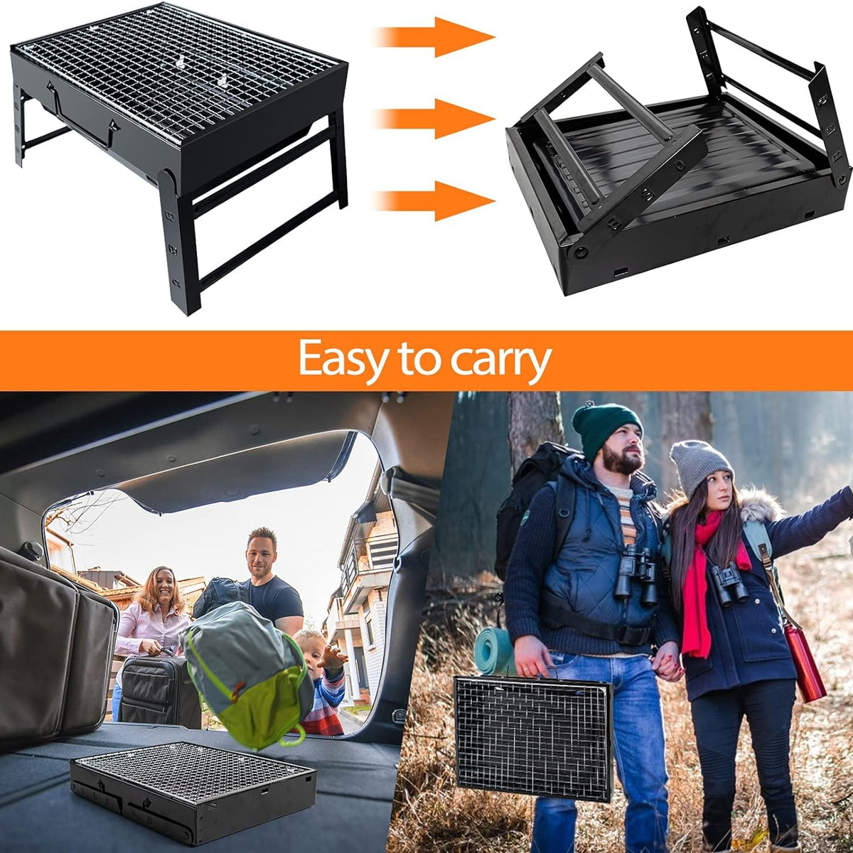 BBQ Barbecue Grill, Portable Folding Charcoal Barbecue Desk Tabletop Outdoor Stainless Steel Smoker BBQ for Picnic Garden Terrace Camping Travel 15.35''X11.41''X2.95'' (Black)