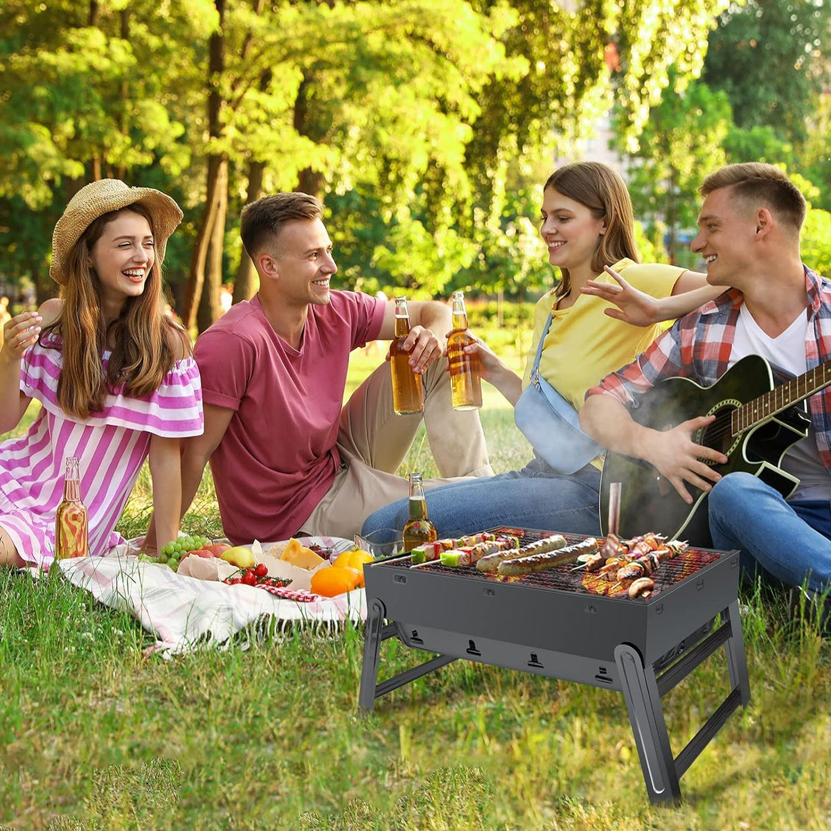 BBQ Barbecue Grill, Portable Folding Charcoal Barbecue Desk Tabletop Outdoor Stainless Steel Smoker BBQ for Picnic Garden Terrace Camping Travel 15.35''X11.41''X2.95'' (Black)