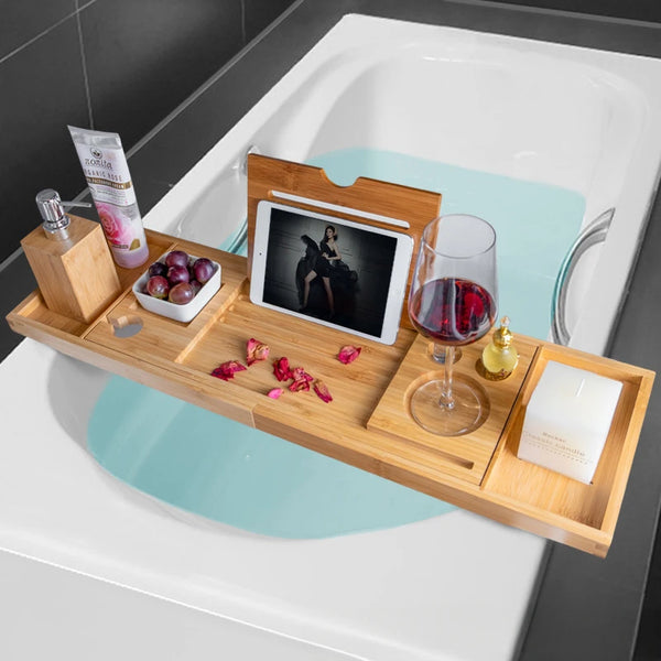 Extendable Spa Bathtub Bamboo Bathtub Tray Caddy Organizer Rack Book Wine Tablet Holder Nonslip Bottom Bath Tub Tray Shelf