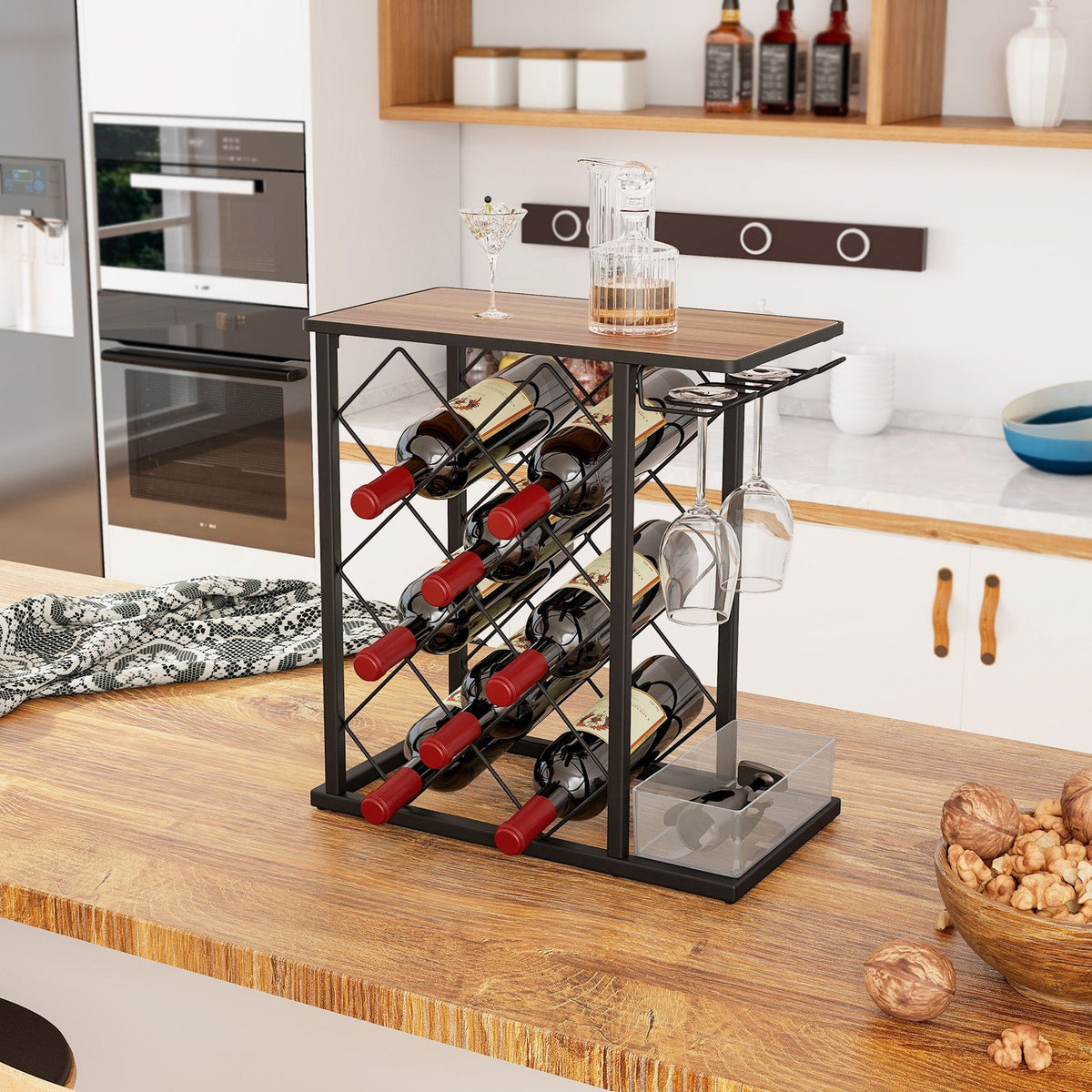 Countertop Wine Rack with Metal Frame and Storage Box for 8 Wine Bottles