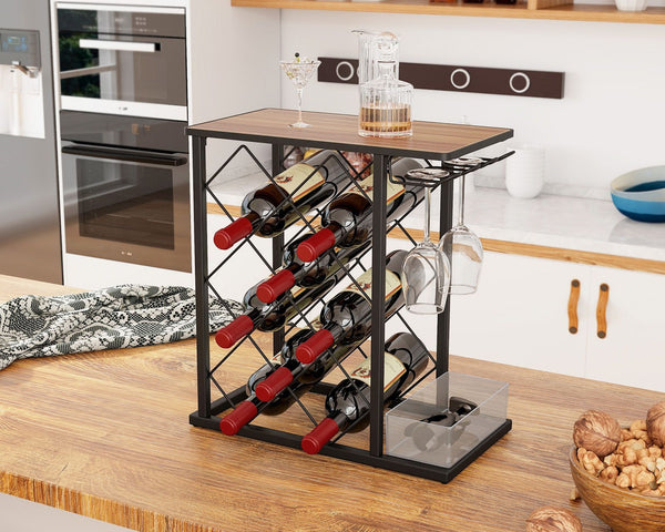 Countertop Wine Rack with Metal Frame and Storage Box for 8 Wine Bottles