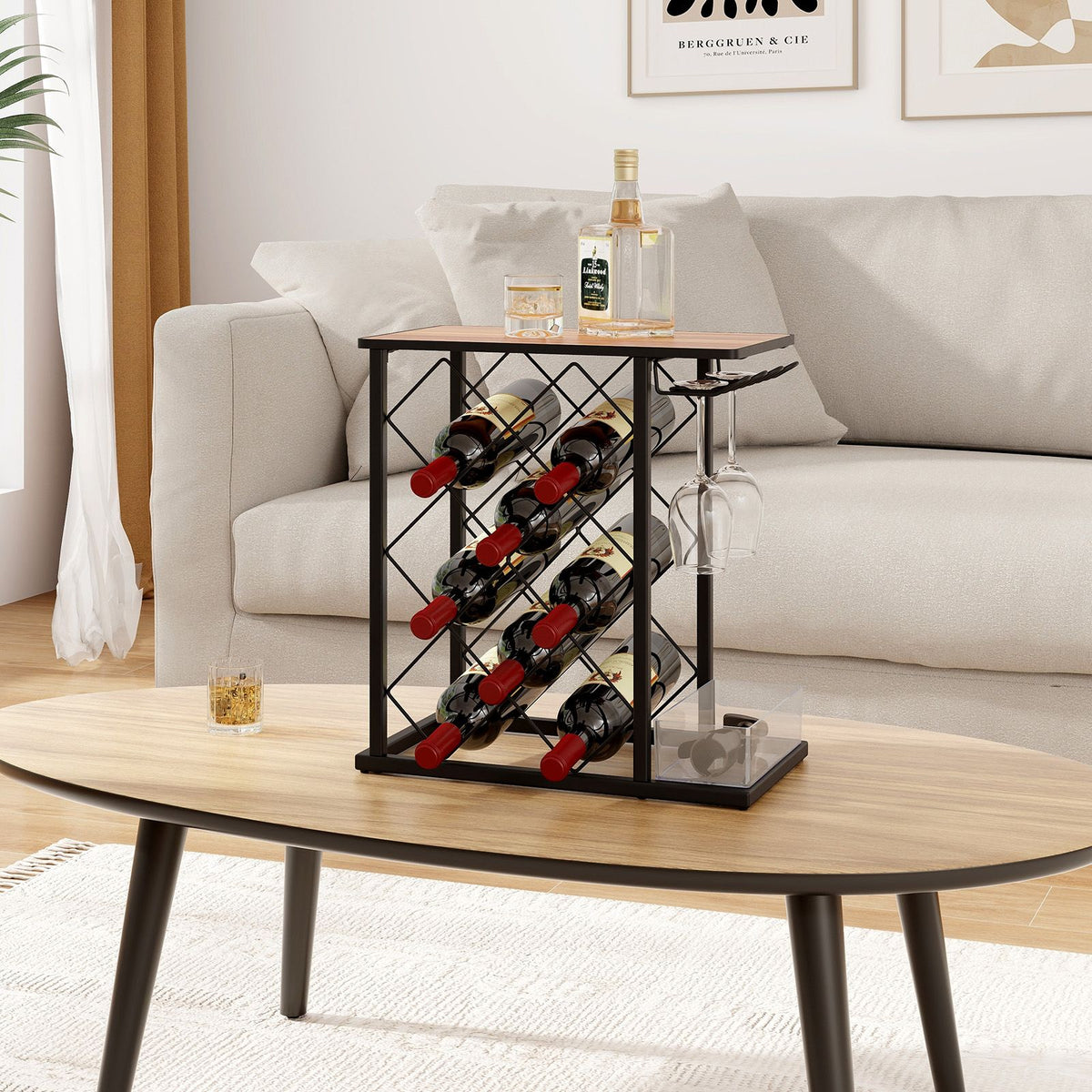 Countertop Wine Rack with Metal Frame and Storage Box for 8 Wine Bottles