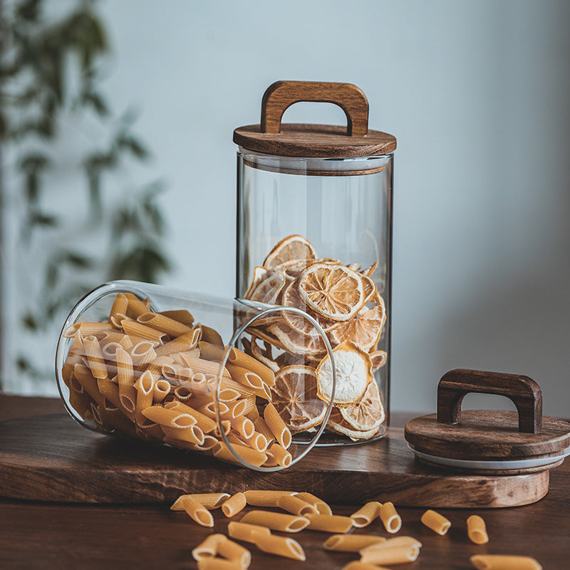 Japanese-style Kitchen Coarse Cereals Glass Sealed Storage Tank Large Capacity More Sizes Solid Wood Cover