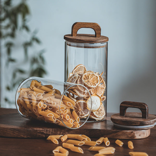 Japanese-style Kitchen Coarse Cereals Glass Sealed Storage Tank Large Capacity More Sizes Solid Wood Cover