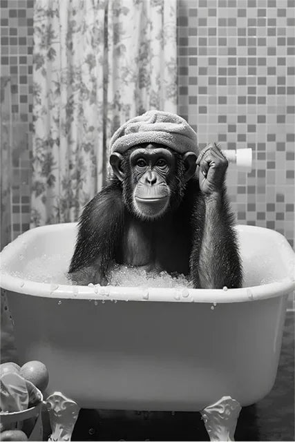 Monkey Lion in Bathtub Bubble Bathing Funny Animal Black White Art Poster Prints Modern Canvas Painting Bathroom Home Wall Decor