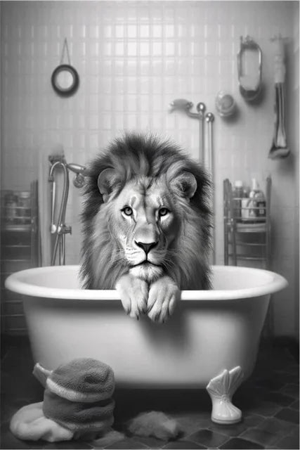 Monkey Lion in Bathtub Bubble Bathing Funny Animal Black White Art Poster Prints Modern Canvas Painting Bathroom Home Wall Decor