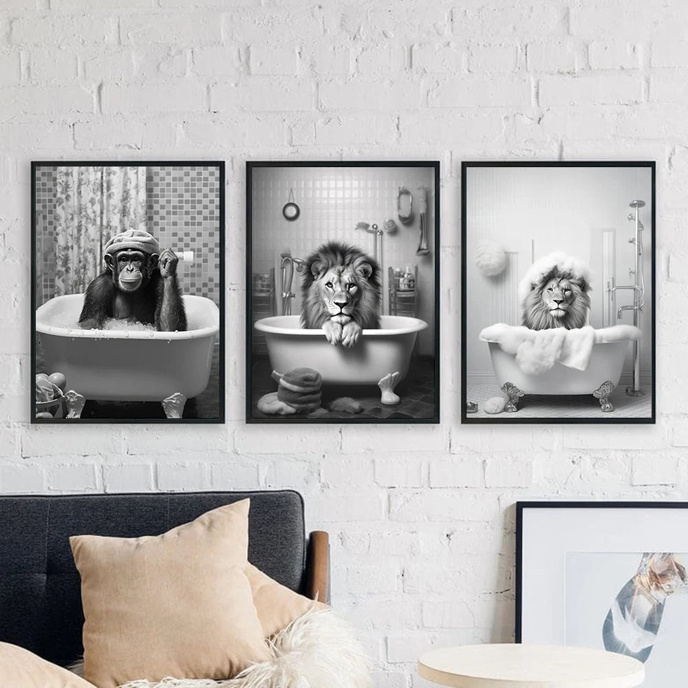 Monkey Lion in Bathtub Bubble Bathing Funny Animal Black White Art Poster Prints Modern Canvas Painting Bathroom Home Wall Decor