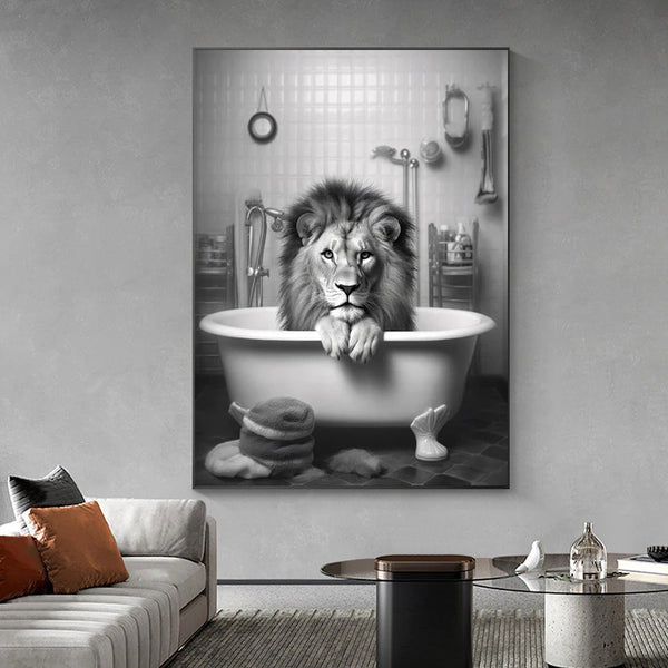 Monkey Lion in Bathtub Bubble Bathing Funny Animal Black White Art Poster Prints Modern Canvas Painting Bathroom Home Wall Decor