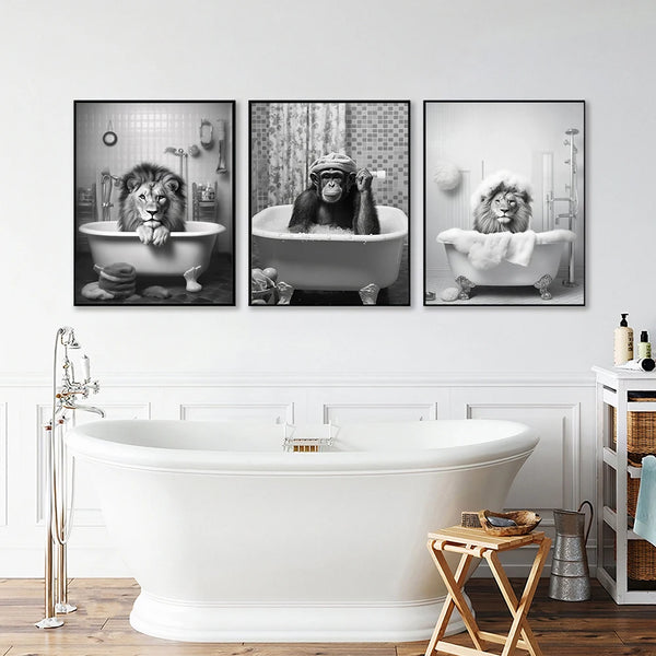 Monkey Lion in Bathtub Bubble Bathing Funny Animal Black White Art Poster Prints Modern Canvas Painting Bathroom Home Wall Decor