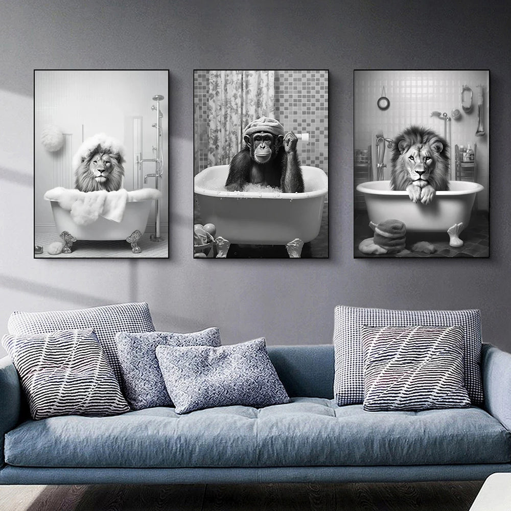 Monkey Lion in Bathtub Bubble Bathing Funny Animal Black White Art Poster Prints Modern Canvas Painting Bathroom Home Wall Decor