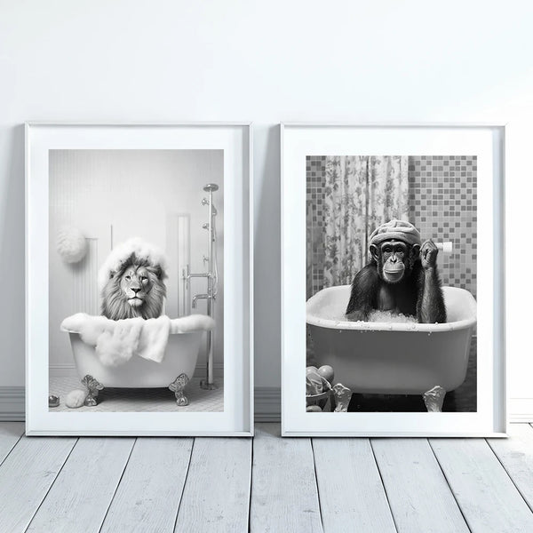 Monkey Lion in Bathtub Bubble Bathing Funny Animal Black White Art Poster Prints Modern Canvas Painting Bathroom Home Wall Decor