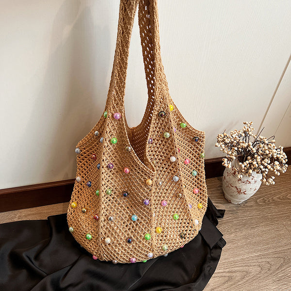 Knitted Tote Portable Women's Japanese Style Handmade Woven Bag Hollowed Leisure