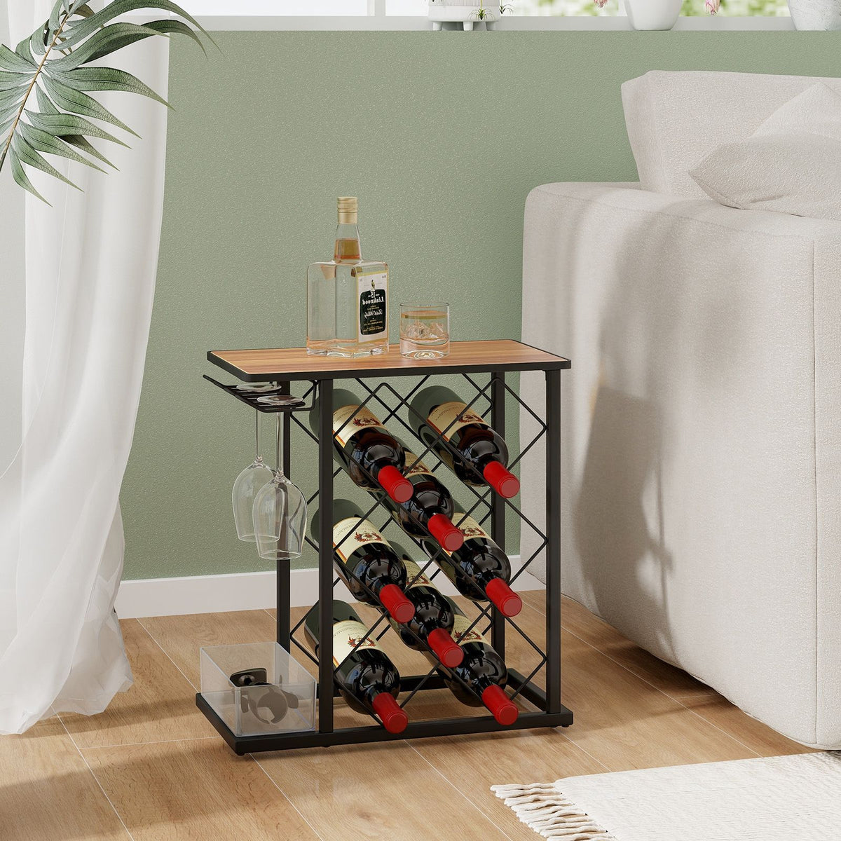 Countertop Wine Rack with Metal Frame and Storage Box for 8 Wine Bottles