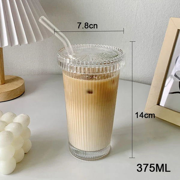 375ML Stripe Glass Cup with Lid and Straw Transparent Tea Cup Glasses Beer Can Milk Juice Cups Coffee Mug Drinkware Dessert Cup