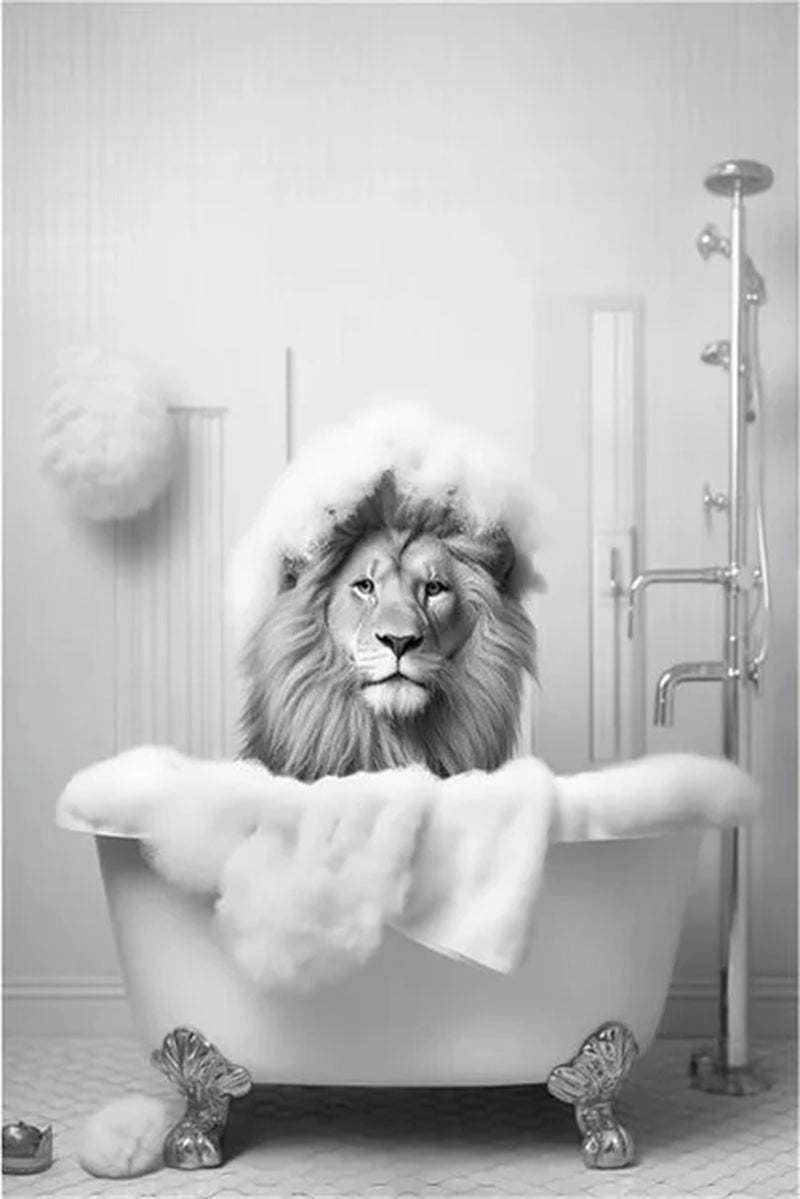 Monkey Lion in Bathtub Bubble Bathing Funny Animal Black White Art Poster Prints Modern Canvas Painting Bathroom Home Wall Decor