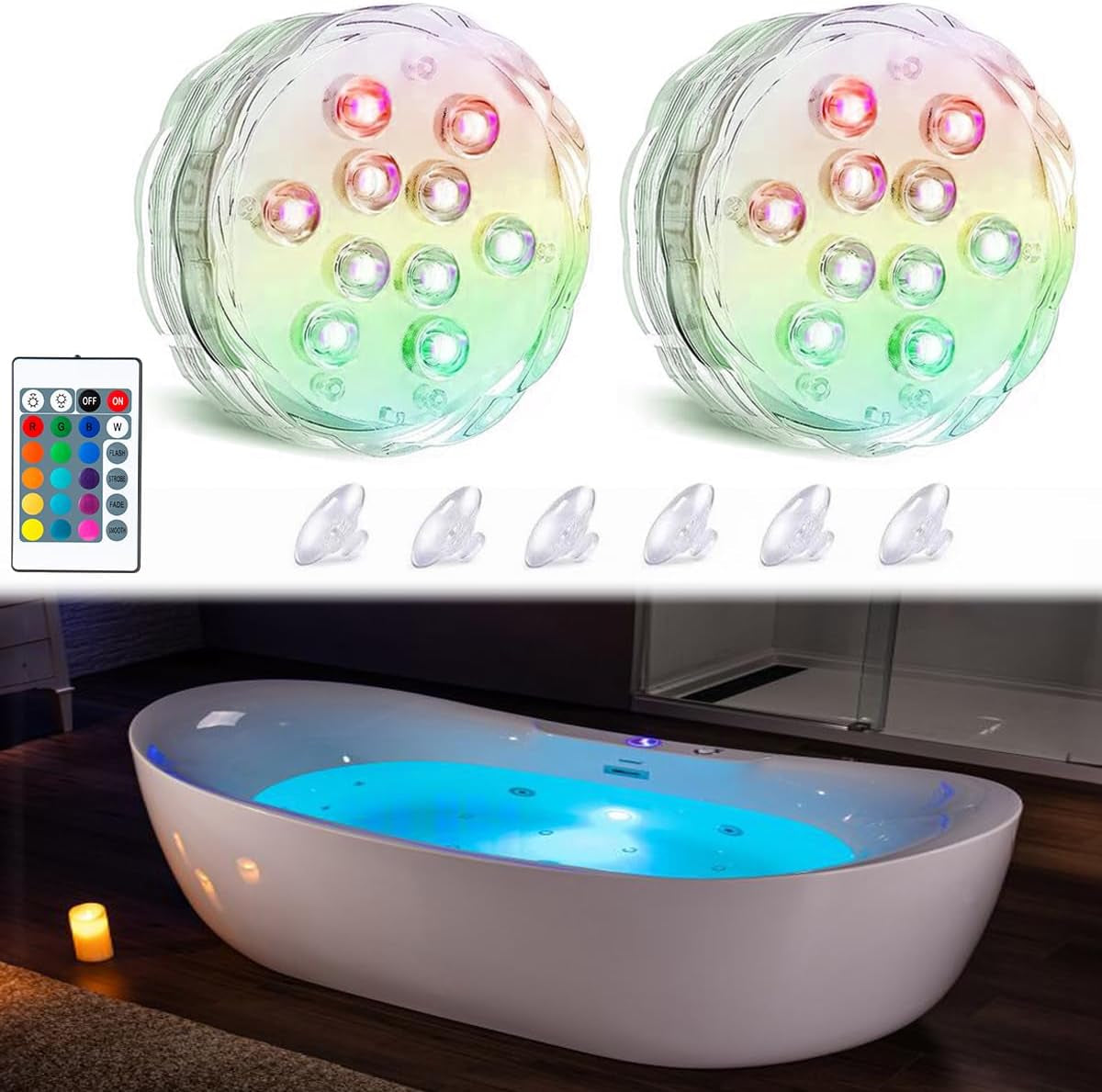 Bath Tub Lights Wireless, Battery Operated Waterproof Glow Light for Bathroom Bathtub Light Shower Spa Light, Bath Essentials for Women Relaxing, RGB Multi Color Remote Controlled, 2Pcs