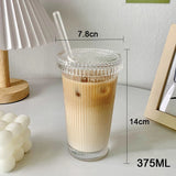 375ML Stripe Glass Cup with Lid and Straw Transparent Tea Cup Glasses Beer Can Milk Juice Cups Coffee Mug Drinkware Dessert Cup