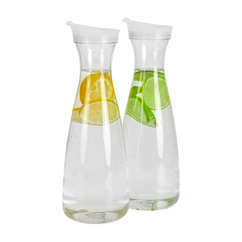 2Pcs Plastic Water Carafes with White Flip Tab Lids- Food Grade & Recyclable Shatterproof Pitchers - Juice Jar