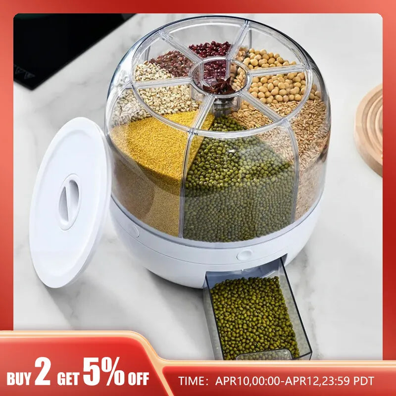 360° Rotating Grain Dispenser Grain Storage Box Transparent Sealed Jar Circular Kitchen Rice Bucket Insectproof Rice Tank