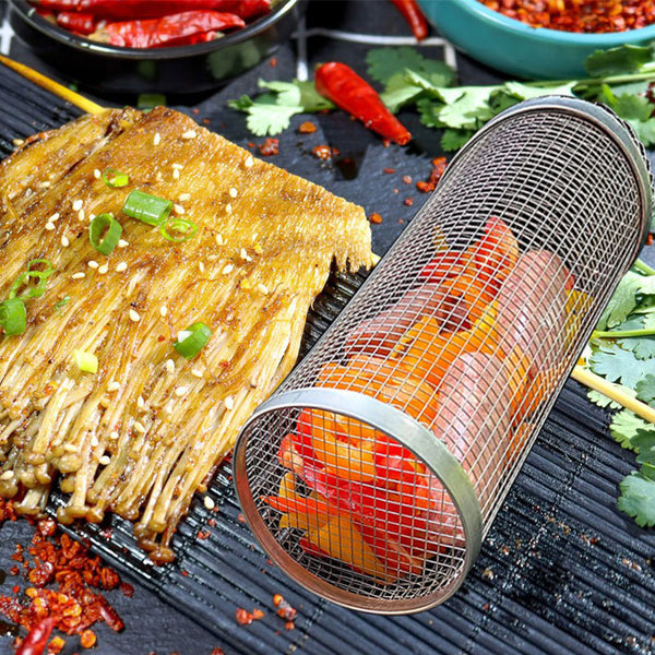 Rolling Grilling Basket Metal BBQ Barbecue Basket Net Portable Outdoor Camping Barbecue Rack Kitchen Gadgets