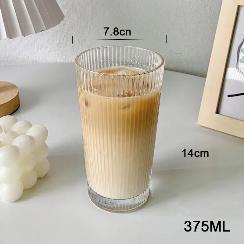 375ML Stripe Glass Cup with Lid and Straw Transparent Tea Cup Glasses Beer Can Milk Juice Cups Coffee Mug Drinkware Dessert Cup