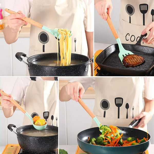 12Pcs/Set High Temperature Resistant and Non Stick Pot Spatula Spoon with Storage Bucket